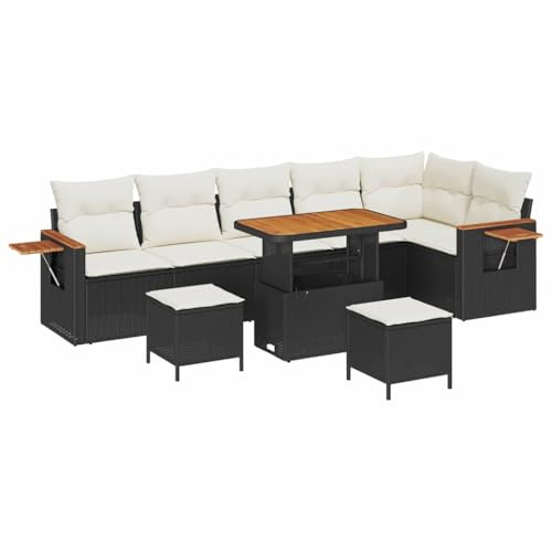 vidaXL Garten-Sofa-Set mit Kissen 9 pcs Schwarz Poly Rattan, Garten und Terrasse, modernes Outdoor-Sofa, UV-beständiges Mobiliar, Lounge-Set für die Terrasse