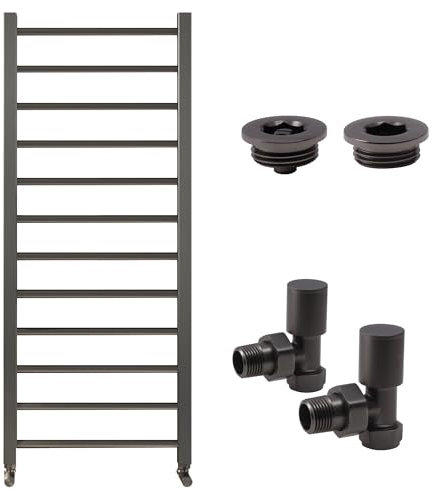 Gunmetal Bathroom Straight Heated Towel Rail Radiator 1200 x 500 with Angled Manual Valves & Air Bleed Vent Set