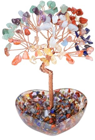 Jovivi 12-13 cm Bibelot Arbre de Vie Pierre Naturelle d'Énergie Base Résine avec Caillasse de Cristal et Fils de Cuivre FengShui Porte Bonheur, Cristal Guérison Méditation Table Décoration (Chakra)