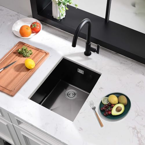 Évier De Cuisine En Acier Inoxydable 304, Petit Évier 35 x 40 cm, Boomhoze, Cuve Simple Encastrée, Pour Camping-Car, Avec Trop-Plein, Égouttoir, Montage Encastré Ou Sur Plan, Noir