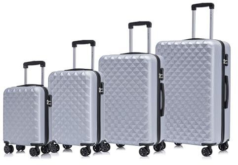 YONSLY Koffer Suitcase Set, Trolley Reisekoffer, Rollkoffer Handgepäck, Kofferset, Gepäckset mit 360° Rollen, Hartschalenreisekoffer, Zahlenschloss, Weicher Gummigriff (4er Set, S,M,L&XL, Silber)