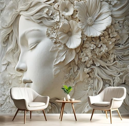 Papier Peint Panoramique 3D Soie Motif 3D Floral Relief, 300×210 cm Murales Panoramique Femme Profil Pour Salon, Adulte Chambre D'Enfants, Restaurant Décoration, Blanc