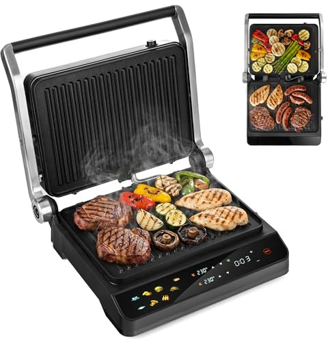 LEHMANN Bistecchiera Elettrica, 2000 W, Apertura 180°, Piastre Antiaderenti Rimovibili, 10 Programmi, Regolazione Temperatura 90-230°C, Timer 1-240 min, Griglia per Cucinare Carne, Pesce e Verdure