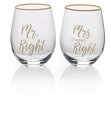 Mikasa 5216704 'Celebrations' Stemless Wine Glasses with Decorative Mr Right and Mrs Always Right Prints, 468 ml - Clear/Gold (Set of 2)
