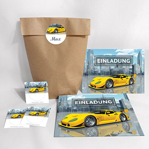 12-er Set Einladungskarten, Umschläge, Tüten, Aufkleber zum Kindergeburtstag Jungen Rennauto / Rennsportwagen / Rennwagen (12 Karten + 12 Umschläge + 12 Party-Tüten (Kreuzbodenbeutel) + 12 Aufkleber)
