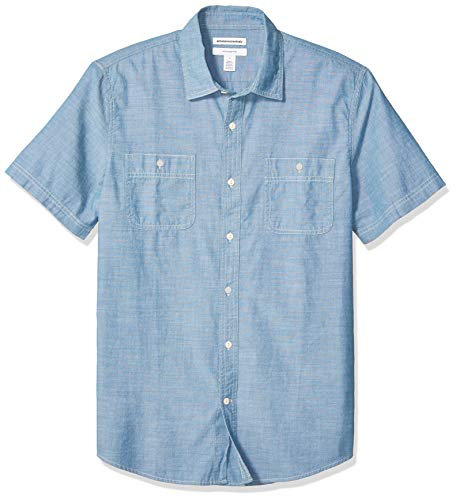 Amazon Essentials Men's Regular-Fit Short-Sleeve Poplin Shirt, Medium Blue, L