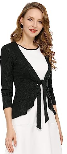 Allegra K Women's St. Patrick's Day Tie Front Metallic Ruffled Long Sleeve Open Cardigan Black 4