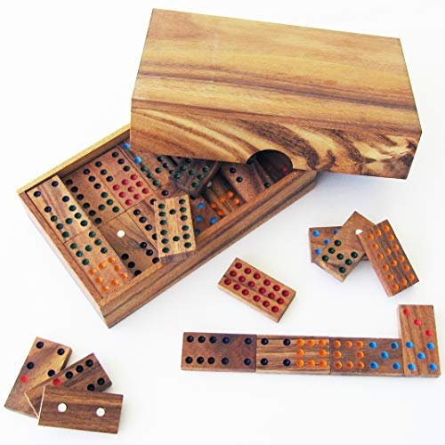 Dominos Double 9, Spiel mit 56 Dominosteinen in einer Box aus Massivholz gemäß CE-Normen, französische Marke Le Délirant® Gesellschaftsspiel für die Reise, leicht zu verstauen.