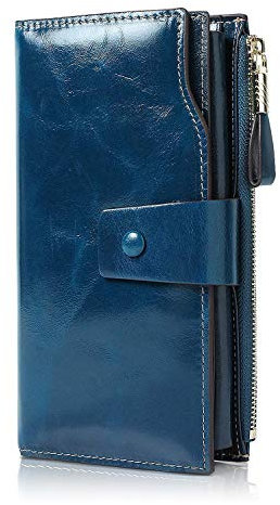 Demon&Hunter Geldbörse Damen Leder RFID Schutz Große Kapazität Lang Portmonee 21 Kartenfächer Leder Clutch Saphirblau DZA2083U