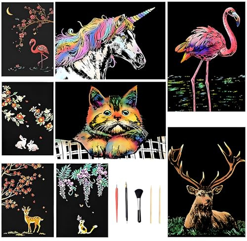 SwirlColor Kratzbilder Folienkratzmalerei Farbkratzpapier Geschenke Handgemacht Gravurkunst mit Professionellem Stift und Pinsel 8 Blatt Flamingo/Katze/Hirsch/Kaninchen