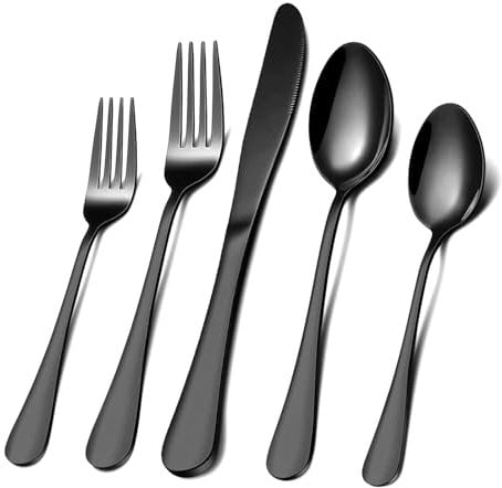 Lot de 40 couverts noirs en acier inoxydable pour 8 personnes - Pour la maison et le restaurant - Finition polie brillante - Passe au lave-vaisselle