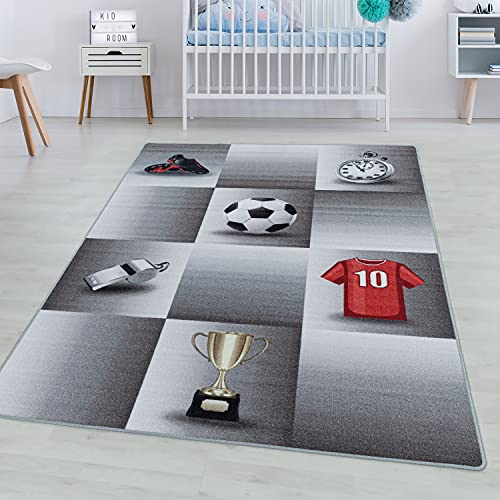 SIMPEX KinderTeppich, Fußball-Design, Teppich Grau, 160 x 230 cm, Teppich für Kinder, Teppich Kinderzimmer