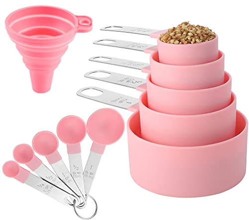 Measuring Cups and Spoons Set of Huygens Kitchen Gadgets 10 Pieces, Stackable Stainless Steel Handle Measuring Cups for Measuring Dry and Liquid Ingredient (Pink)
