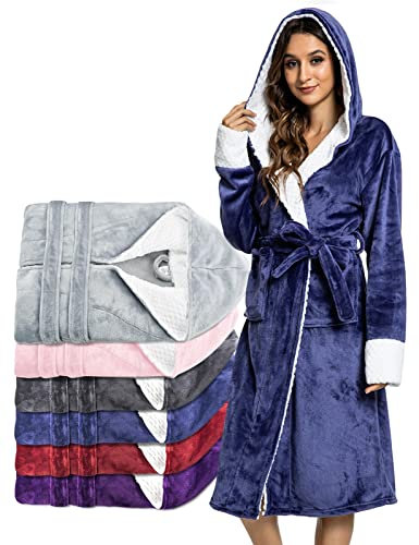 UMIPUBO Robe de Chambre Femme, Peignoir de Bain Polaire Capuche Sortie de Bain Femme avec 2 Poches, Réglable Ceinture - Absorbant et Confort Luxe Ultra Douce (Bleu)