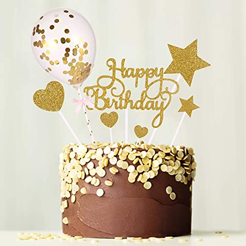 Heyu-Lotus 15 Pièces Décoration Gâteau Anniversaire Happy Birthday Topper en Forme D'étoile et de Coeur pour Mariage (Or)
