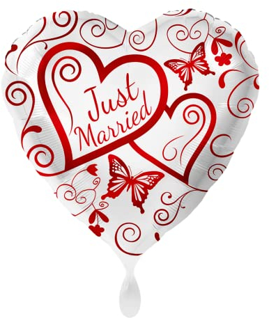 1 Folienballon Just Married Hochzeit Herz rot und weiß Herzen und Schmetterling ca. 43 cm ungefüllt Ballongas geeignet
