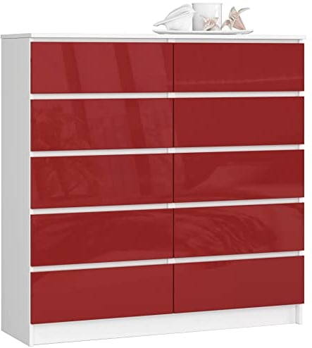 AKORD Kommode K-120 mit 10 (2 x 5) Schubladen | für das Wohnzimmer Schlafzimmer Schrank Büro Arbeitszimmer | Modernes Funktionales Design | B120 x H121 x T40 cm, Gewicht 70 kg | weiß/rot glänzend