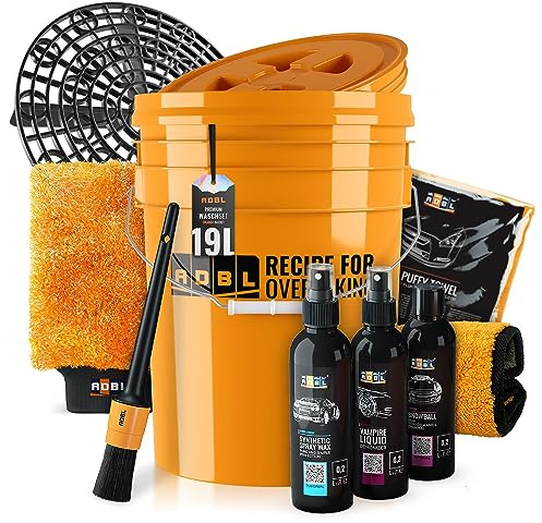 Auto Waschset: ADBL Wascheimer Set (19L | orange) + Schmutzsieb + Deckel für die Auto Handwäsche - schonende Reinigung, Pflege & Versiegelung von Lack und Felgen - Autopflege, waschen | 10-teilig
