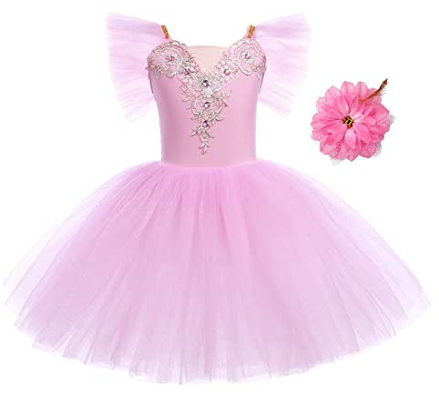 IWEMEK Kids Girls Ruffle Sleeve Lace Flower Tutu Ballet Dress + Hair Clip Gymnastics Leotard Dance Ballerina Costume Fairy Swan Skating Children Dancewear Ballroom Dancer Costume Pink 5-6 Years