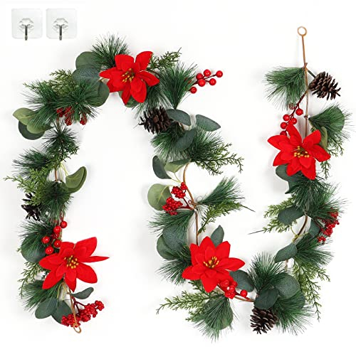 Betylifoy Weihnachtsgirlande mit Tannenzapfen Beerengirlande Weihnachtsstern Blumengirlande 170cm Künstliche Beerengirlande für Treppe Kamin Dekoration Weihnachten Winter Urlaub Tischdekoration