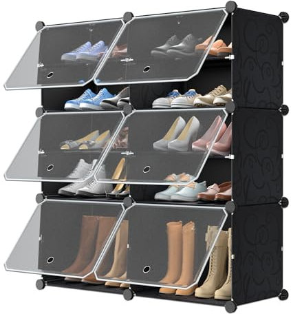 YARDIN Schuhregal Shoe Regalsystem Kunststoff Schuhablage Rechteckiges Würfel 82×32×93cm (BxTxH) mit 12 FÄchern, Schuhständer Rack Schuhregal Schmal Garderobenschrank mit Tür,Schwarz
