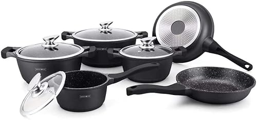Set di pentole royalty line in ceramica, effetto marmo, 10 pezzi, colore: nero