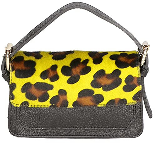Clutch mit Einzelfach für Damen, abnehmbarer Schultergurt. Italienisches Kunsthandwerksprodukt aus echtem Dollaro + Cavallino-Leder. Hergestellt in Italien GLX220485823FBG-LEO_G_YELLOW 18x11x6,50 cm
