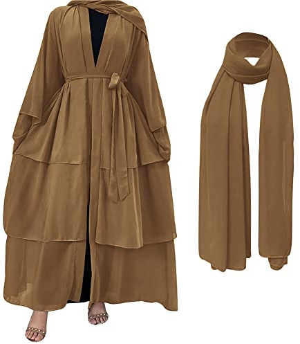 Muslimisches Chiffon-Abaya für Frauen, Kaftan-Kleid mit Hijab-Schal, 2-teiliges Set, Dubai Mittlerer Osten, arabische Robe, islamische volle Länge, lässiges Maxikleid, lose Langarm-Strickjacke, braun,