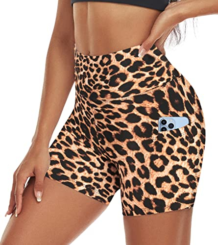 ACTINPUT Radlerhose Damen mit Taschen High Waist Yoga Shorts Kurze Leggings Blickdicht Sporthose Hotpants(Leopard,M)