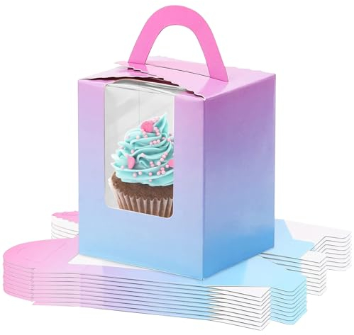 GOEDEKE Cupcake Box,10 Pcs Individual Cupcake Boxes Single Cupcake Boxes,Cake Boxes with Window,Cupcake Carrier with Inserts,Individual White Bakery Boxes with Handle,for Weddings, Birthday Parties