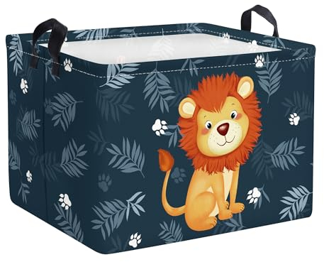 Clastyle Niedlich Lächeln Löwe Würfel Aufbewahrungskorb für Babyzimmer Blätter Blau Wasserdicht Rechteckig Stoff Regalkörbe Kleidung Spielzeug Kinder Aufbewahrungsbox, 40x30x30 cm