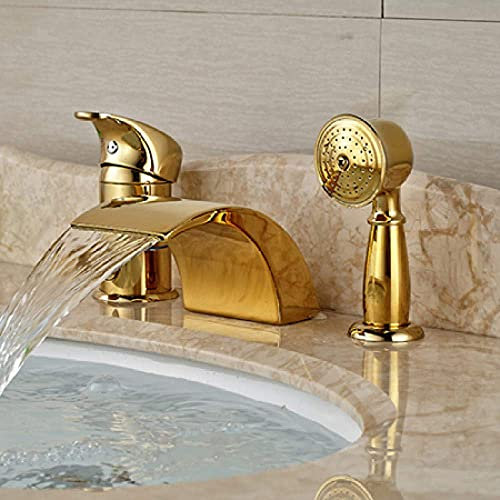 Badewannenarmatur, Chrom, Gebogener Wasserfallauslauf, 3-Teiliges Badewannenarmatur-Set, Einhandgriff, Weit Verbreitet, Mit Montierter Handbrause, 5 Farben Zur Auswahl, Gebürstete Nickelfarbe (Golde