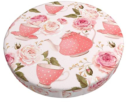BUULOO Round Barstool Tea Cups With Roses Romantic Shabby Cover, Washable Elastic Seat Cushion Cover For Chairs With A Diameter Of 30 To 35 Cm.