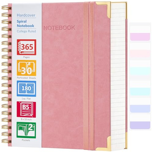 Spiral Notebook, 365 Page Hardcover Leather Notebook Journal, Large B5 Lined Journal for Women Men, College Ruled Notebooks for Work School, Journals for Writing, 24pcs Index Tabs, 8 x 10, Pink
