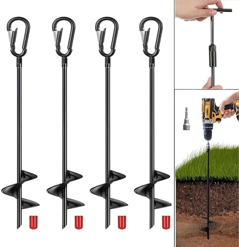 Erdanker bodenanker Set von 4 für Schaukeln, Zelte, Trampolin, Abnehmbare Karabiner Design, 44cm Bodenanker zum eindrehen, Sturmanker für Bäume, Camping Zelte, Vordächer, Schuppen