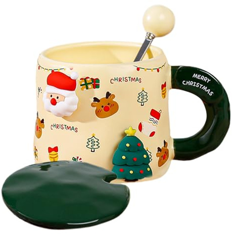 Holdes Tree Hat Mug - Tea Mugs with Lid and Spoon,Microwave & Dishwasher Safe Holiday Mugs for Festive Season
