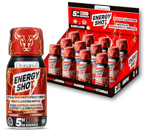 DRASANVI ENERGY SHOT| 5 HORAS DE ENERGÍA TOTAL | Reduce la Fatiga | Con Magnesio, Taurina, L- Arginina, Colina, Guaraná, Maca, Ginseng, Cafeina + Vitaminas | Pack 12 ud Sabor Limón
