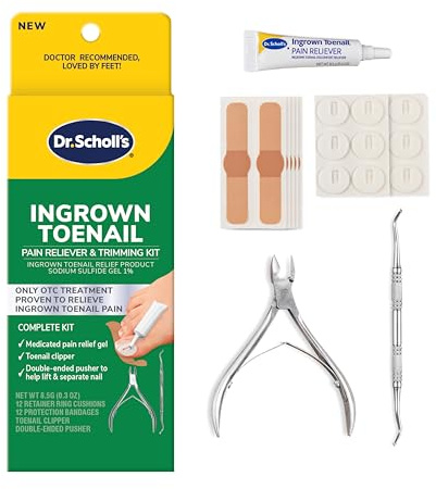 Dr. Scholl's INGROWN TOENAIL PAIN RELIEVER & TRIMMING KIT, 0.3 oz // Only OTC Treatment Proven to Relieve Ingrown Toenail Pain - Includes Medicated Gel + Foam Rings + Bandages + Clipper & Pusher Tools