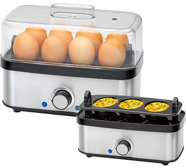 Cuoci Uova per 8 Uova con Timer, Cestello Estraibile - Facile Pulizia, in Acciaio Inox, 22.5x13x18.5cm, 400W, Grigio e Nero