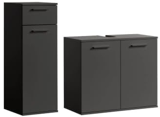 Badezimmerschrank 2er-Set Der Steuermann Made in Germany Bad Anthrazit Holz | mokebo Schrank Badezimmermöbel Waschbeckenunterschrank Midischrank Waschtisch Badorganizer Stauraum Einlegeböden Anthrazit
