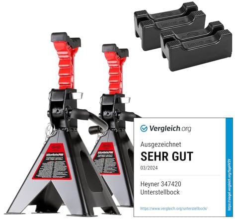HEYNER® Unterstellbock 2er Set mit Gummiauflage und verstärkter 3in1 Gummiauflage Hubhöhe 300-444 mm TÜV/GS Traglast 2t Stützbock Stützfuß 10-Fach Höhenverstellbar Auto