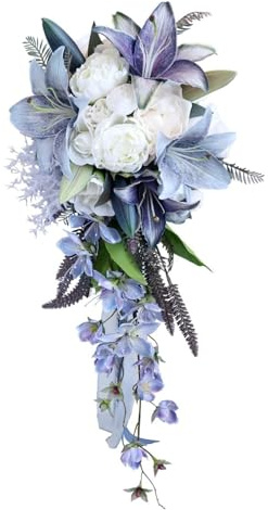 Artificial blue and purple water drop bridal wedding bouquet, bridal water drop bouquet, wedding bouquet throwing bouquet, rose lily wedding flower silk bridal bouquet, suitable for wedding decoration
