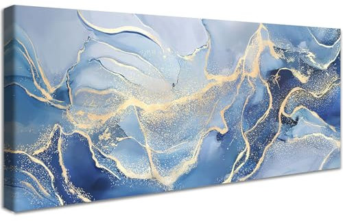 Mit Rahmen Leinwand Bilder Marmor Blau Grau Gold Leinwandbilder Bild auf Leinwand Malerei Poster Abstrakt Minimalistisch Bild Wandbilder Heim Wohnzimmer Schlafzimmer Wanddekoration 50x120cm