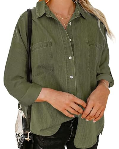 SPSMOKH Chemise en jean à manches longues boutonnée pour femme – Veste en jean légère avec poches (vert militaire, taille L)