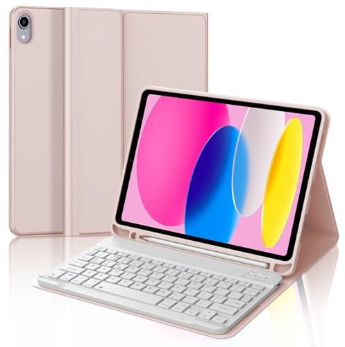 Keyboard Case for iPad A16 11th Generation 2025/10th Generation 2022, UK Layout Detachable Bluetooth Keyboard with Slim Cover and Pencil Holder for iPad 10th/11th Generation 10.9/11 inch, Pink