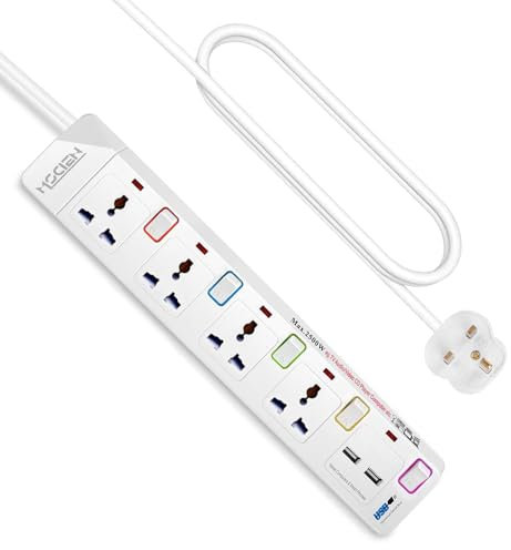 3M 4 Way Extension Lead with 2 USB, Mscien Plug Extension with 5 Independent Switch Power Strip, Multi Plug Wall Mountable Extension Cord (Type E/F Plug)