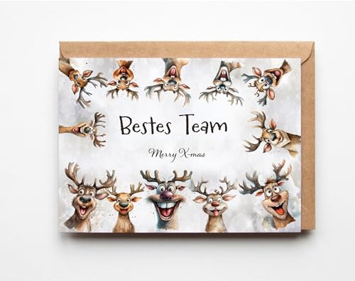 PURESIZE 12er Set Bestes Team Merry-Xmas Rentier Karten für Kollegen und Teams zu Weihnachten, Festliche Grußkarten für Kollegen, Weihnachtskarten Büro & Arbeit – Perfekt für Mitarbeitergeschenke