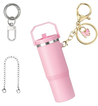 Joalpysm Mini Cup Keychain for Stanley IceFlow Tumbler - Lip Balm Holder, Chapstick Holder Keychain with Lobster Clasp and Butterfly Charm Keyring Clip, Personalized Gift Set
