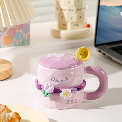 MAGICVOGEL süße Blumen Kaffeetasse 380ml Blumenbecher mit Deckel und Löffel Cute Teetasse Milchbecher mit großem Henkel für Geburtstag Valentinstag Weihnachten Muttertag (Lila)