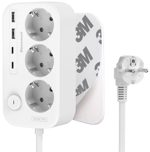Mehrfachsteckdose mit USB, 7-in-1 Bohrfreie Montage Steckdosenleiste mit USB C, 1,5M Verlängerungskabel, Mehrfachstecker mit Schalter 3680W 16A-Weiß, Selbstklebende Rückseite